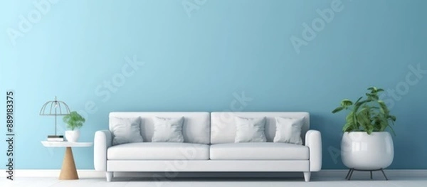 Fototapeta Minimalist Living Room with White Sofa and Blue Wall