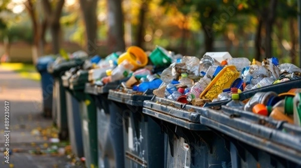 Fototapeta Close-up of overflowing garbage bins in a park, highlighting waste management issues.