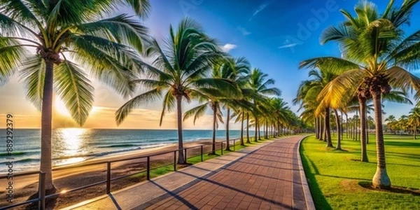 Fototapeta Here's a possible description: "Serene beach promenade with empty jogging path, tropical palm trees, blue sky, and calm waves, evoking a sense of fitness and summer relaxation."