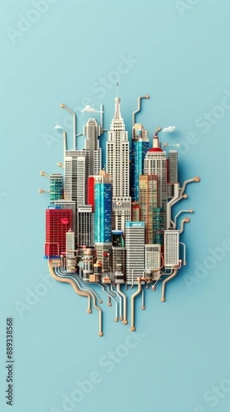 Fototapeta Futuristic cityscape with high-rise skyscrapers and complex infrastructure against a light blue background. Concept of modern urban development.