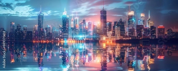 Fototapeta Holographic urban photography, futuristic skyline, advanced tech design