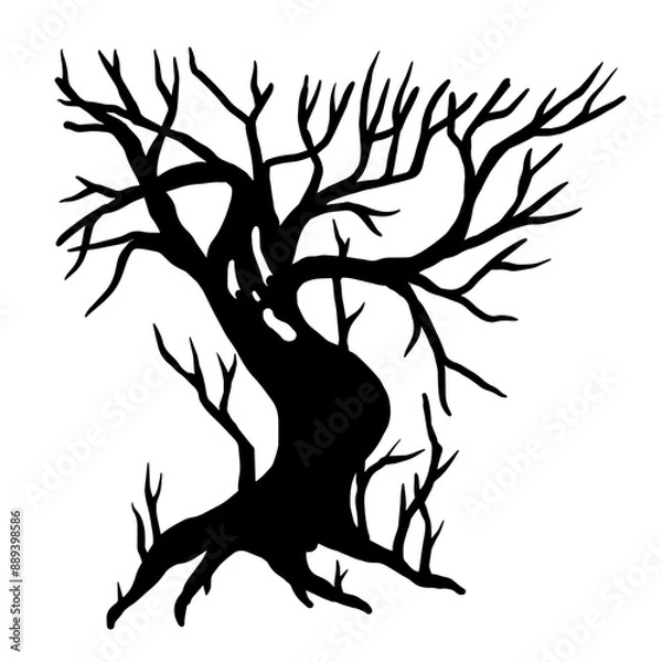 Fototapeta Silhouette, doodles of a creepy tree with dry branches. Decor for the holiday of Halloween. ghost.Vector graphics.