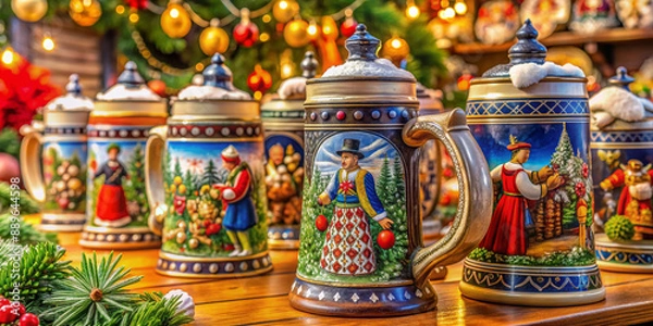 Fototapeta Vibrant scene of abandoned traditional German beer steins, colorful folk costumes, and ornate wooden decorations, capturing the festive spirit of a Bavarian cultural celebration.