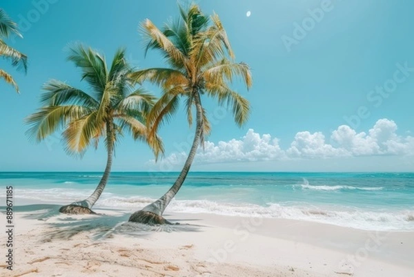 Fototapeta Serene tropical beach with leaning palm trees and clear blue skies capturing the essence of a perfect island getaway