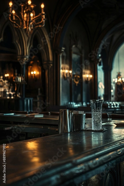 Fototapeta Vintage Bar Interior with Dim Lighting and Crystal Glasses