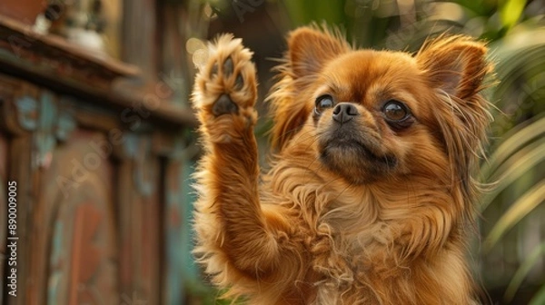 Fototapeta Cute small brown dog raising its paw, with a blurred natural background, showcasing adorable pet behavior and companionship.