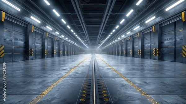 Fototapeta Futuristic empty industrial warehouse interior with bright ceiling lights, metallic floors, and symmetrical design creating a vanishing point perspective.