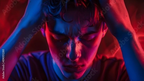 Fototapeta In a pitch-black scene with dramatic red and blue lighting, a young man grips his head with both hands. His facial expression conveys strain and stress.