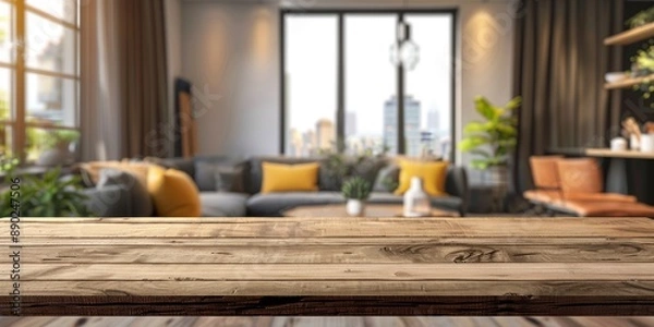 Fototapeta Wooden Tabletop in Modern Living Room