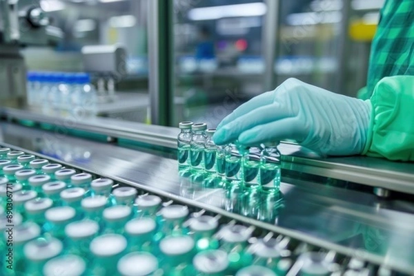 Fototapeta Pharmacist scientist with sanitary gloves examining medical vials on a production line conveyor belt. ai generative