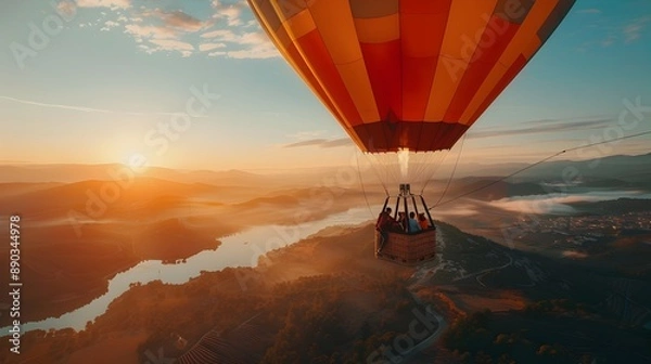 Fototapeta Romantic Hot Air Balloon Ride Over Scenic Landscapes at Sunset