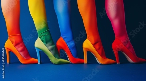 Fototapeta Five legs in colorful stockings and high heels positioned against a blue background in a gradient arrangement, exhibiting a playful and artistic fashion sense.