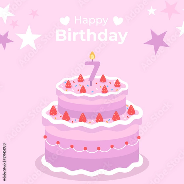 Fototapeta Cake poster design for birthday cake congratulations 7 years old birthday. Festive cake for birthday