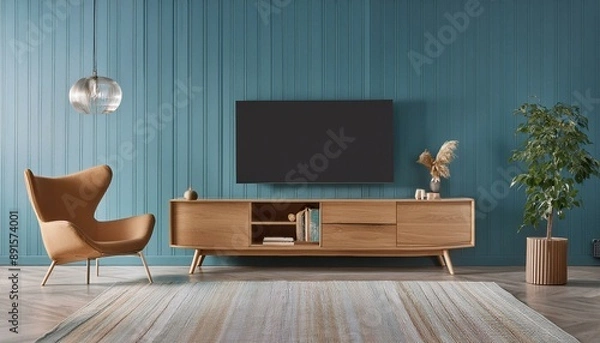 Fototapeta Stylish Serenity: 3D Render of Living Room with TV Stand and Armchair"