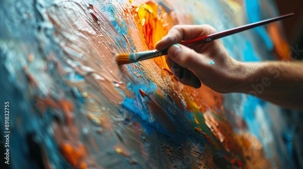 Fototapeta A female artist uses an energetic brush to create modern masterpieces while working on abstract oil painting. Dark creative studio with a large, illuminated canvas on an easel. Low-Angle Close-up