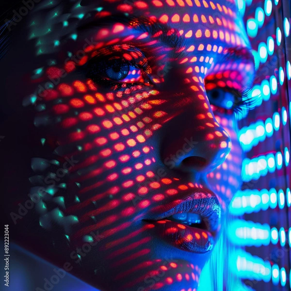 Fototapeta "Dazzling Digital Goddess: Vibrant Patterns Illuminate Her Radiant Face"