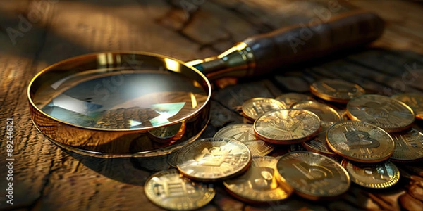 Fototapeta The Investor's Eye: A magnifying glass hovers over a small pile of shining coins, casting a dramatic shadow.