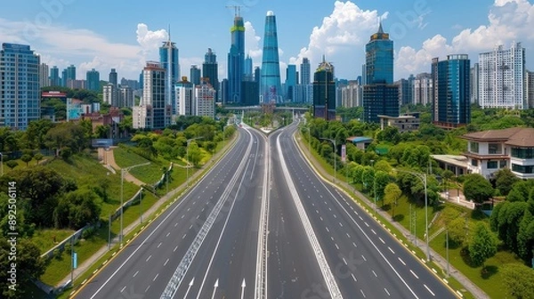 Fototapeta Empty modern highway in a futuristic city, high-tech buildings, bright blue sky, horizontal format