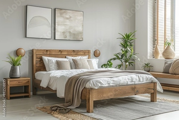 Fototapeta Minimalist bedroom with wooden bed, white walls, gray rug, gray accents on coffee table and wall art, wooden bedside tables, and plants in vase, light interior design.