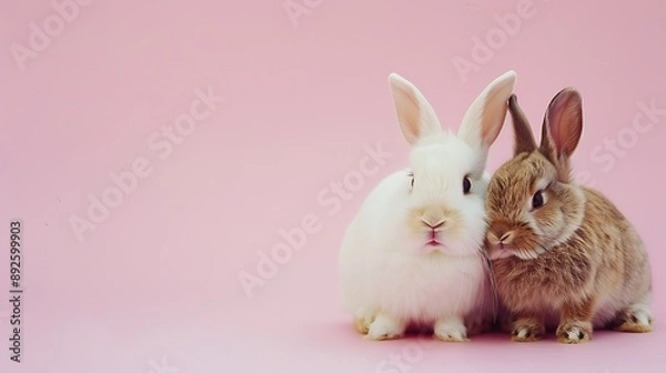 Fototapeta lovely two fluffy brown bunny and a white bunny sit on clean pink background