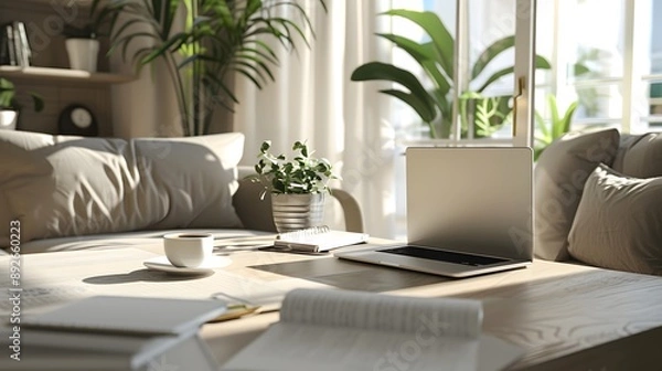 Fototapeta Cozy Home Office with Laptop, Plants, and Natural Light.