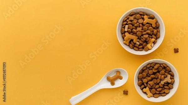 Fototapeta A Feast for Fido: Dog Food and Treats on a Yellow Background