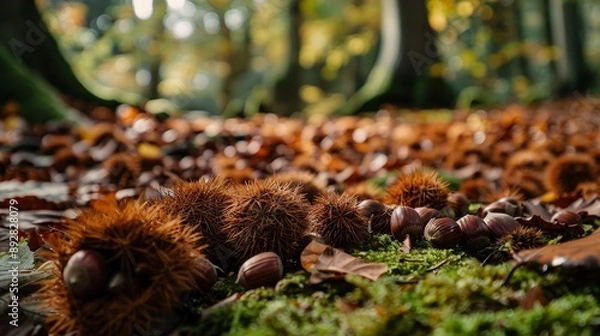 Fototapeta Chestnuts and spiky shells on forest floor. Chestnuts close-up