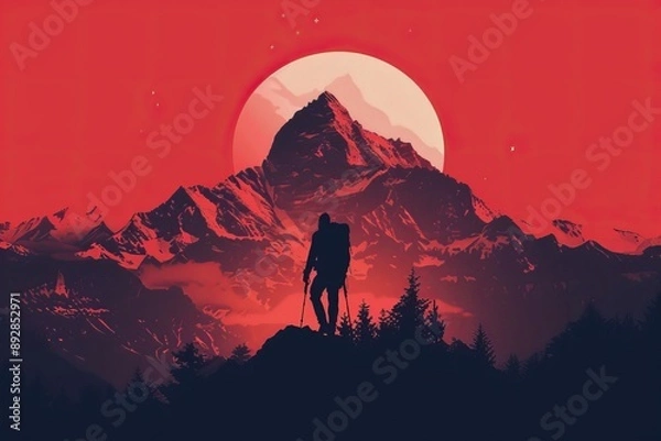 Fototapeta Silhouette of a hiker with a backpack in front of a majestic mountain and a large sun in a red-toned sky.