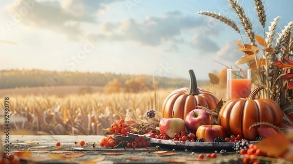 Fototapeta A scenic autumn setting featuring pumpkins, fruits, and berries on a wooden surface with a countryside backdrop, basking in warm sunlight, ideal for fall themes.