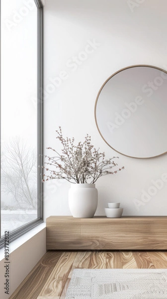 Fototapeta Stylish property interiors composition with a mirror next to a large window filling the room with natural lighting. Residential interiors design with minimal decor and warm colors.