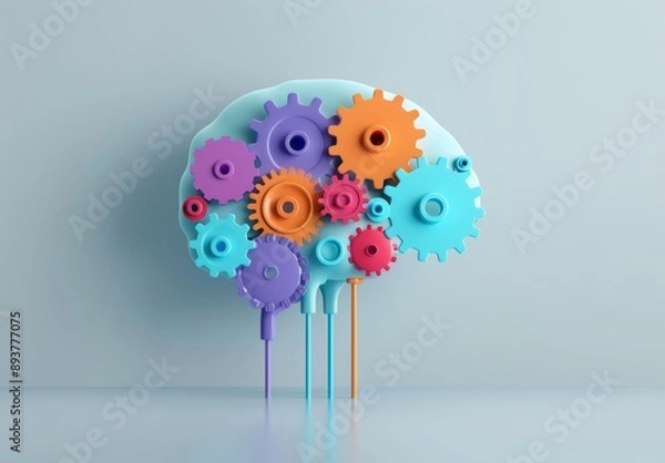 Fototapeta A brain made of colorful gears and cogs connected by blue wires, representing the complex nature