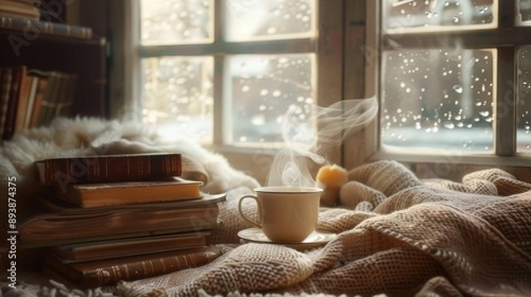 Fototapeta A warm cup of tea steams on a windowsill, beside a stack of books and a soft blanket. The window shows a snowy day outside