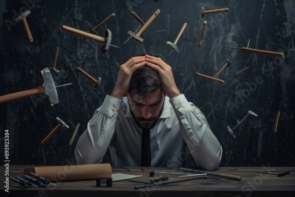 Obraz Stressed man in office with chaos of floating tools. Modern style, creative concept. Perfect for business stress, work overload themes. Generative AI