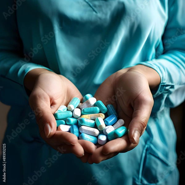 Fototapeta Doctor's hands holding pills for Medical Drug Treatment Prescription Addiction Cure Healthcare Concept