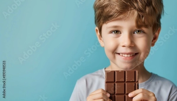 Fototapeta Happy Kid Holding Chocolate Bar Against Blue Background