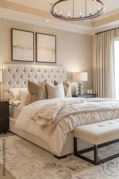 Obraz A bedroom with a white bed, white curtains, and a white headboard