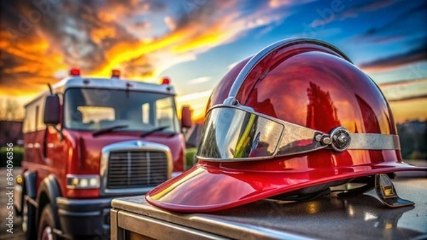 Fototapeta A bright red firefighterâ€™s helmet with reflective strips, set against the backdrop of a fire truck and a smoky sky.