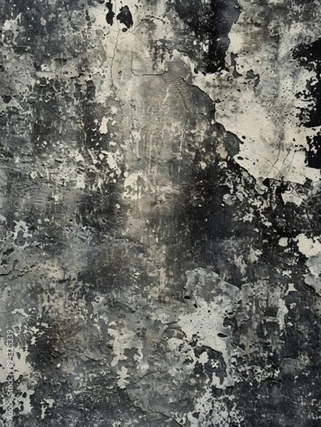 Fototapeta Monochrome grunge texture with cracked and peeling surface details. Ideal for distressed backgrounds, urban decay themes, and edgy design projects needing a raw, gritty look.