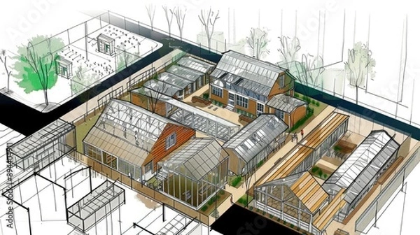 Fototapeta Farming co-op: architectural drawing of a community farm, wood, glass, space, greenhouses, fields, solar panels, perspective view