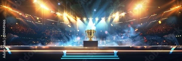 Fototapeta Golden trophy on a podium under stadium lights, arena view