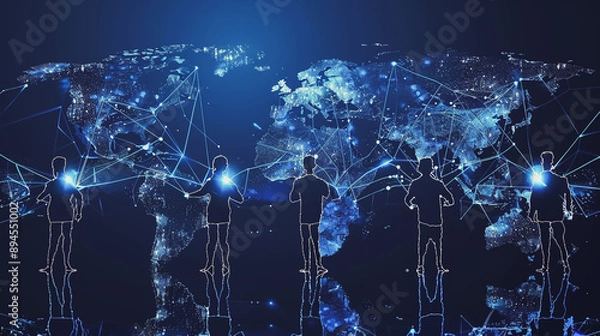 Fototapeta abstract professional business team people connection of line from nail node to node on world map background , networking concept