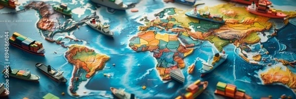 Fototapeta A colorful world map with brightly colored global trade routes is shown from an overhead perspective. Toy ships are placed along the trade routes