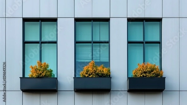 Fototapeta Three Black-Tinted Glass Awning Windows On A White Modern Building Wall With Led Solar Lights, Blending Style And Functionality