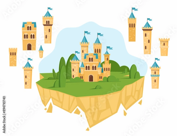 Fototapeta Castle constructor. Illustration of a castle on a flying island. Vector flat illustration.