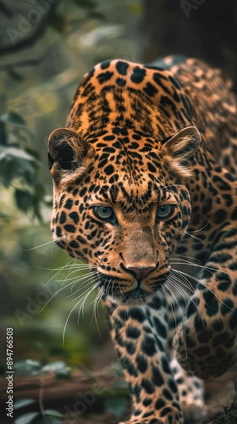 Fototapeta Stealthy leopard advancing through the dense foliage