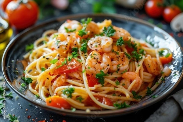 Fototapeta Delicious pasta with shrimps on kitchen table. Spaghetti with prawns and parmesan. Traditional Italian food. Generated AI