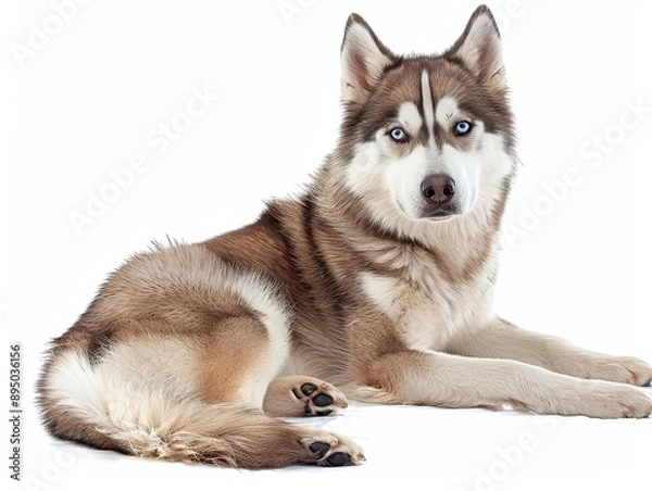 Fototapeta Beautiful Siberian Husky dog with striking blue eyes, lying down on a white background, showcasing its thick fur and friendly demeanor.