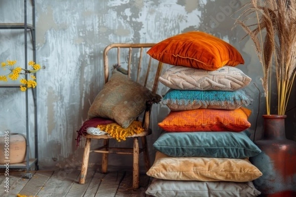 Fototapeta Colorful pillows on a wooden chair in a rustic interior