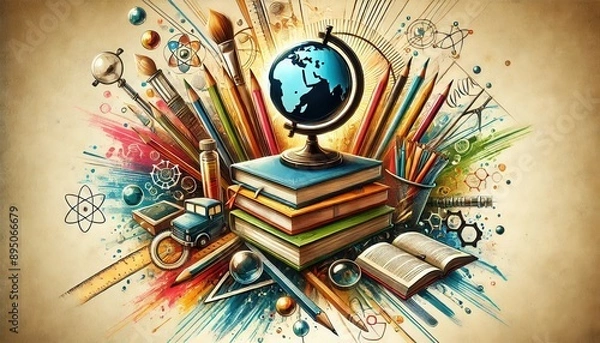 Fototapeta A vibrant artistic composition featuring books, a globe, pencils, and various educational tools and scientific elements.

