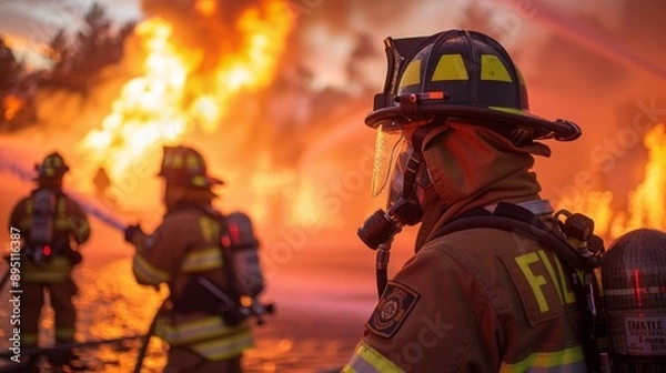 Fototapeta Firefighter Facing Intense Blaze During Daytime Emergency Response